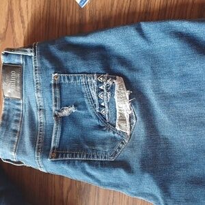 Love Indigo Premium Capri length jeans, distressed, Native detailing, size 16